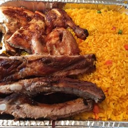BBQ chicken and pork spare ribs combo, also comes with black or red beans, or fries, or salad. (The black beans are my fav)
