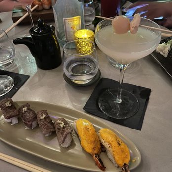 Paperfish Sushi - Lychee martini and wagyu & salmon (I think) nigiri - Sushi Bars Near Me - Miami, Florida