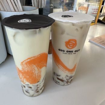 Odd One Out Tea - left side: jasmine milk tea with jasmine silk boba; right side: icy peak milk tea with wintermelon silk boba - Bubble Tea Near Me - Santa Monica, California