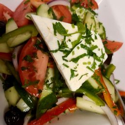 The Greek salad came with fresh veggies and a nice lightly tasting dressing; pretty skimpy on the feta though if you ask me