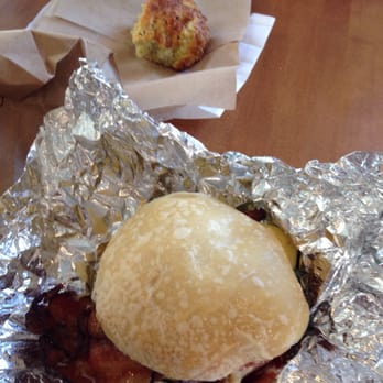 Flour Bakery + Cafe - Parmesan chive scone (nibbled); breakfast egg sandwich w/bacon. - Bakeries Near Me - Boston, Massachusetts