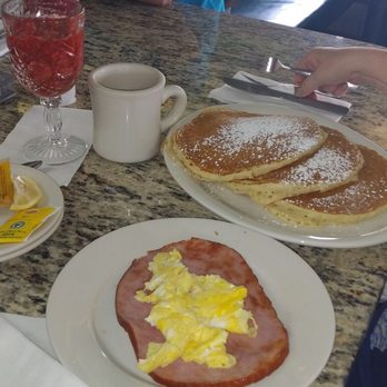 Daddypops - Scrambled eggs on ham steak and 3 pancakes with strawberry sauce on the side - Diners Near Me - Hatboro, Pennsylvania Daddypops - Scrambled eggs on ham steak and 3 pancakes with strawberry sauce on the side - Diners Near Me - Hatboro, Pennsylvania