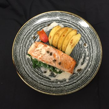 Urban South Dine - Pan Seared Salmon, with Swiss Chard, Fingerling Potato, and Lemon Caper Sauce. - New American Near Me - Dallas, Texas Urban South Dine - Pan Seared Salmon, with Swiss Chard, Fingerling Potato, and Lemon Caper Sauce. - New American Near Me - Dallas, Texas