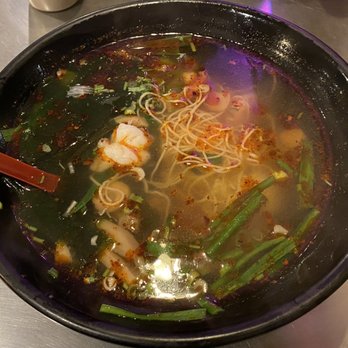 King Noodle - Shrimp and seaweed "toppings," mushrooms and baby leeks with the "wonton noodles" in the Szechuan spicy broth. Yum! - Noodles Near Me - Seattle, Washington