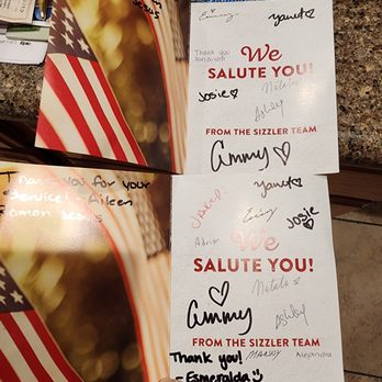Sizzler - Veterans were Honored with not just a meal but a hand written signed card along with a gift card for a salad bar good for the year 2023. - Steakhouses Near Me - Moreno Valley, California Sizzler - Veterans were Honored with not just a meal but a hand written signed card along with a gift card for a salad bar good for the year 2023. - Steakhouses Near Me - Moreno Valley, California