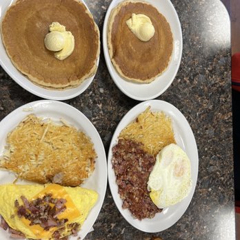 Abbys - Corned Beef Hash Hash browns Over medium eggs and a Pancake. Meat lovers Omelet Hash browns with a pancake - Breakfast & Brunch Near Me - Hemet, California Abbys - Corned Beef Hash Hash browns Over medium eggs and a Pancake. Meat lovers Omelet Hash browns with a pancake - Breakfast & Brunch Near Me - Hemet, California