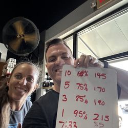 South Hall CrossFit - Me and the coach holding up my workout on small whiteboard.