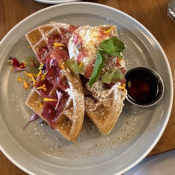 Poached Neighborhood Kitchen - Berry Cream Cheese Waffle (seasonal) - Breakfast & Brunch Near Me - Downey, California Poached Neighborhood Kitchen - Berry Cream Cheese Waffle (seasonal) - Breakfast & Brunch Near Me - Downey, California