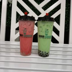 Boba Garden - Pink Milk w/ Lychee Jelly and Boba Garden Green Drink w/ Boba