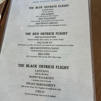 Blue Ostrich Winery - Tasting Flight menu - Wineries Near Me - Saint Jo, Texas Blue Ostrich Winery - Tasting Flight menu - Wineries Near Me - Saint Jo, Texas