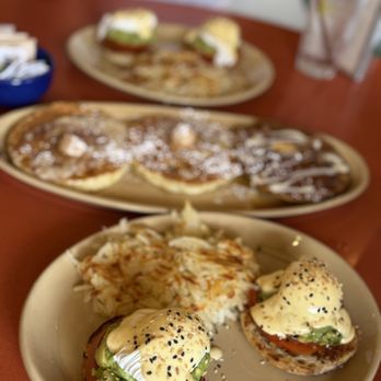 Snooze, an A.M. Eatery - Eggs Benedict 2x and pancake flight. Upside down pineapple and pumpkin spice. Yum! - Breakfast & Brunch Near Me - Tustin, California