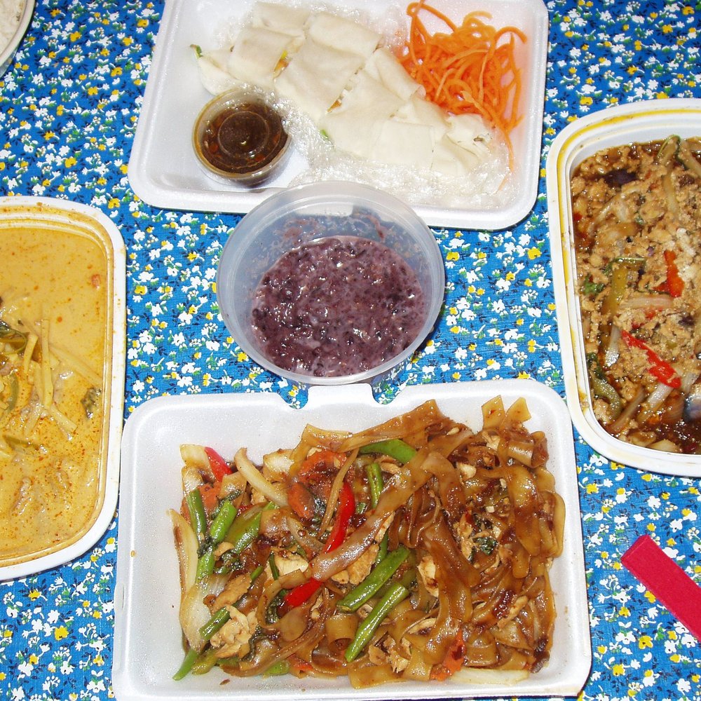 Manee Thai Restaurant - Dad's surprise BDay delivery: fresh spring rolls, drunken noodle, red curry with beef, spicy eggplant, and purple rice pudding - Thai Near Me - Ballwin, Missouri Manee Thai Restaurant - Dad's surprise BDay delivery: fresh spring rolls, drunken noodle, red curry with beef, spicy eggplant, and purple rice pudding - Thai Near Me - Ballwin, Missouri