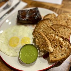 Flat iron steak with two eggs