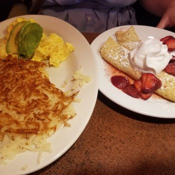 Ely's Restaurant - Strawberry cream cheese crepes and eggs with avocado and hash Browns - Breakfast & Brunch Near Me - Las Vegas, Nevada