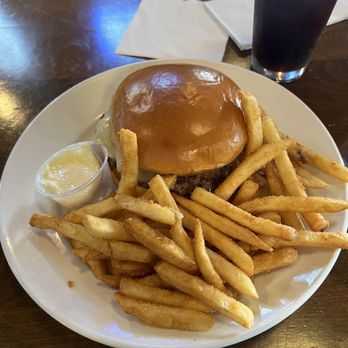 Rails Craft Brew & Eatery - 50/50 Burger (Hamburger & Bacon) with Fries - American Near Me - Seymour, Indiana Rails Craft Brew & Eatery - 50/50 Burger (Hamburger & Bacon) with Fries - American Near Me - Seymour, Indiana