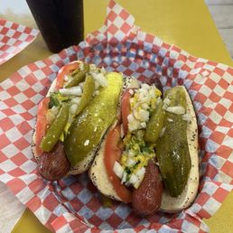 2 charred hot dogs Chicago style