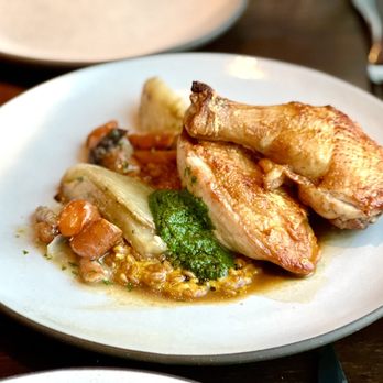 Goldfinch Tavern - Jidori Chicken has noticeably stronger chicken flavor; comes with stewed carrots & fennel, firm farro in chicken jus, & carrot top pesto 4* - Seafood Near Me - Seattle, Washington Goldfinch Tavern - Jidori Chicken has noticeably stronger chicken flavor; comes with stewed carrots & fennel, firm farro in chicken jus, & carrot top pesto 4* - Seafood Near Me - Seattle, Washington