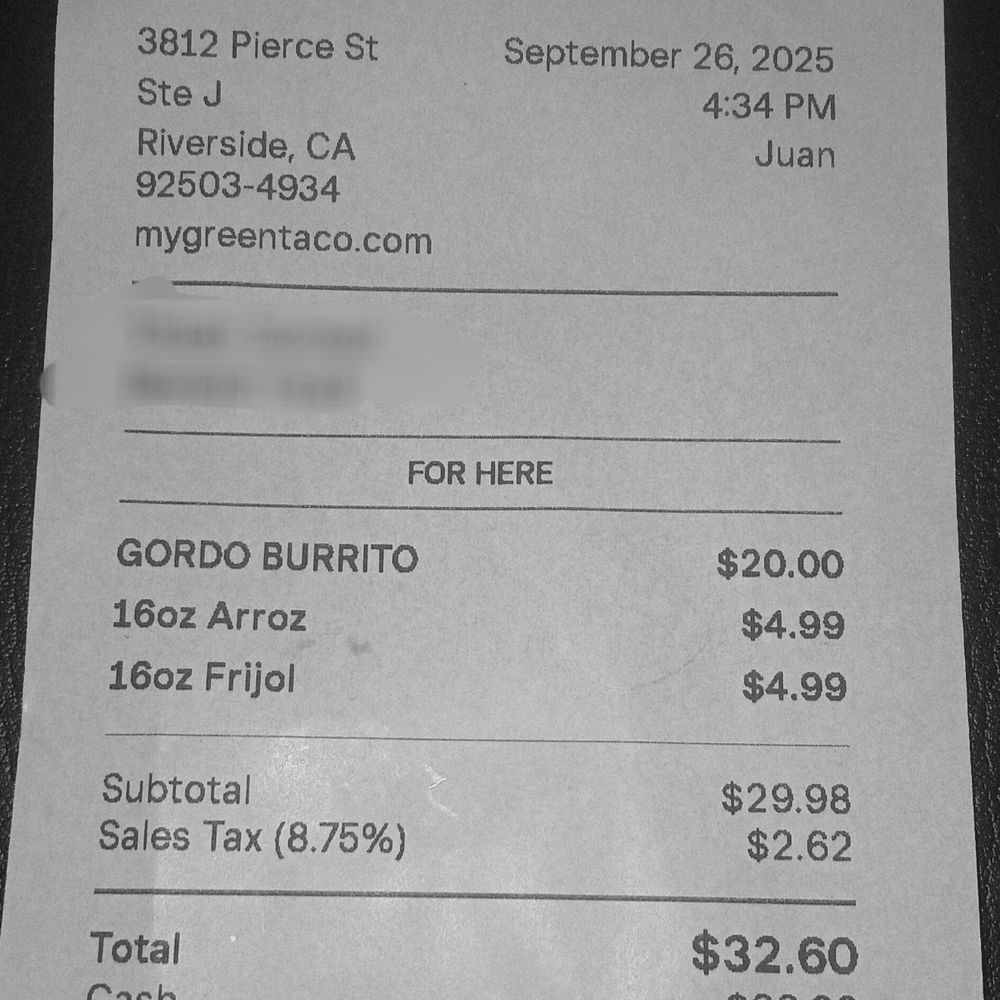 Green Taco - Green Taco Receipt - Mexican Near Me - Riverside, California Green Taco - Green Taco Receipt - Mexican Near Me - Riverside, California
