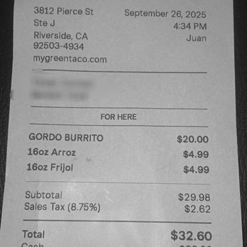 Green Taco - Green Taco Receipt - Mexican Near Me - Riverside, California