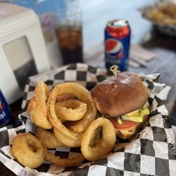Cajun Seafood Boil - Angus burger with onion rings