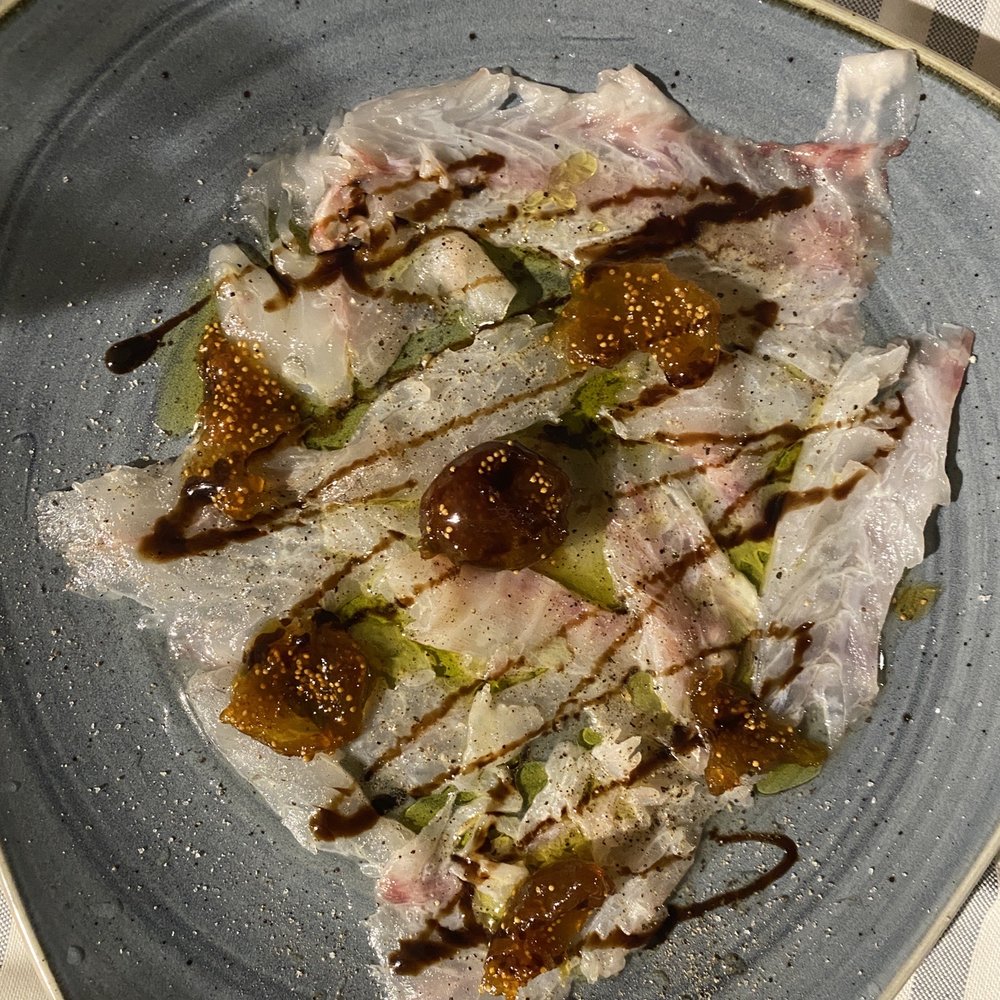 Mr. Clood - Sea bass crudo with home made fig preserves, balsamic, oil and spices - Italian Near Me - Rome, RM Mr. Clood - Sea bass crudo with home made fig preserves, balsamic, oil and spices - Italian Near Me - Rome, RM