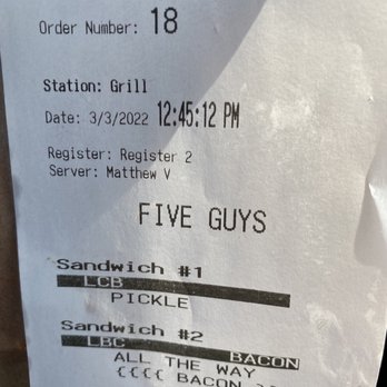 Five Guys - Just to show that I did order it with bacon. No biggie the burger was still really good. - Burgers Near Me - Branford, Connecticut Five Guys - Just to show that I did order it with bacon. No biggie the burger was still really good. - Burgers Near Me - Branford, Connecticut