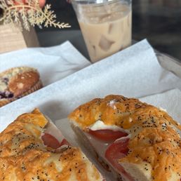 Bagel sandwich and iced chai Bagel sandwich and iced chai
