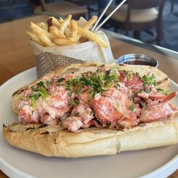 Maine Lobster Roll Sandwich featuring lobster claw meat, celery, lemon and aioli on a Brioche roll. Served with French fried.