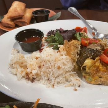 FOB Kitchen - Vegetarian lumpia (back left) & tortang talong with garlic fried rice - Filipino Near Me - Oakland, California FOB Kitchen - Vegetarian lumpia (back left) & tortang talong with garlic fried rice - Filipino Near Me - Oakland, California
