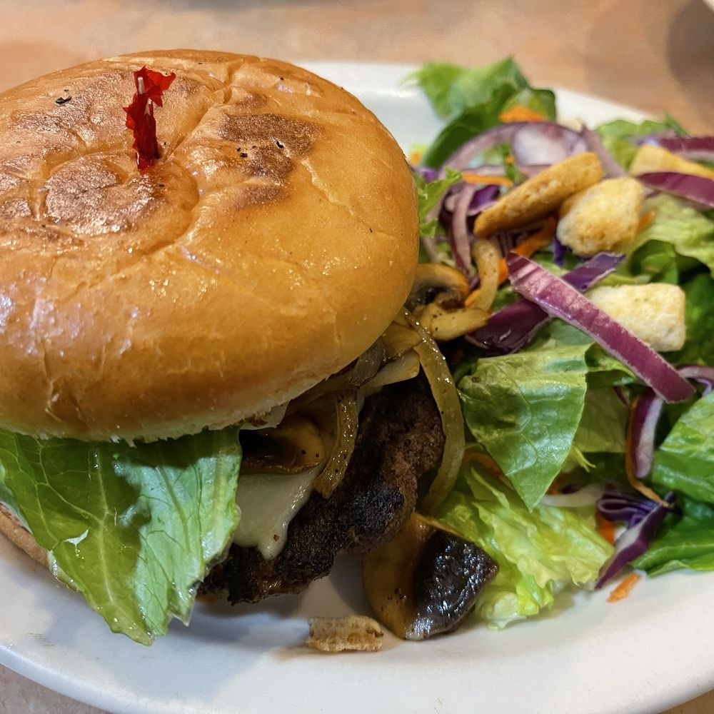 Peteys Kitchen - Mushroom Burger with side salad @ Petey's Kitchen. - American Near Me - Wenatchee, Washington