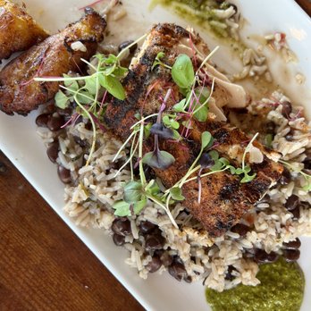 Boathouse - Blackened Mahi-mahi w rice and beans, sweet plantains cilantro and chimichuri sauce - Breakfast & Brunch Near Me - Stuart, Florida