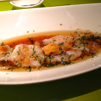 Morimoto - Scallop Carpaccio with sea urchin, garlic, ginger, mitsuba & chives, dressed with yuzu citrus soy - Japanese Near Me - Philadelphia, Pennsylvania