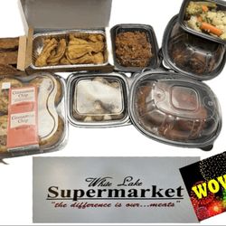 White Lake Supermarket - Cinnamon crunch muffins, Fried fish, Chili, Fresh roasted vegetables, Fresh rotisserie chicken, Beef stuffed tomatoes, potato wedges