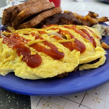 Somewhere in Time Cafe - October cheeseburger omelet special. My husband loved it! - Breakfast & Brunch Near Me - Mystic, Connecticut