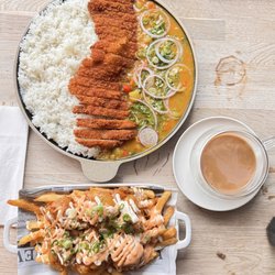 Blue Spice Kitchen - Akiko Curry (Top) KFC with cheese fries (bottom) Korean Special Latte