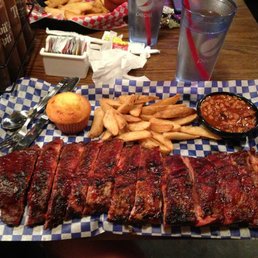 Ribs, fries, corn bread and beans