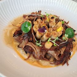 Duck Tirit (slow cooked); phyllo dough soaked with duck stock, "`Bodrum" mandarin, persimmon puree. 2024 04 26. M0.
