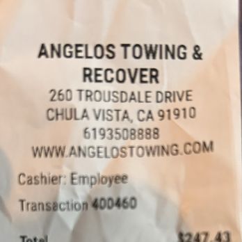 Angelo's Towing - Receipt - Towing Near Me - San Diego, California