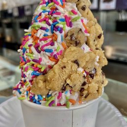 Vanilla fro-yo with rainbow sprinkles and cookie dough (and cookie dough on the bottom!)