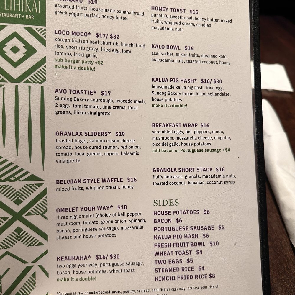 Ka Lihikai - Breakfast menu - Cocktail Bars Near Me - Hilo, Hawaii
