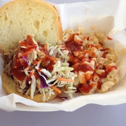 South Side BBQ Company Truck - Pulled pork sandwich with Mac n cheese. Plus the hot sauce for a little sum sum
