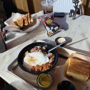 Pig Candy BBQ - Pork waffles, Breakfast bowl with brisket, side of cornbread. - Barbeque Near Me - Loveland, Ohio