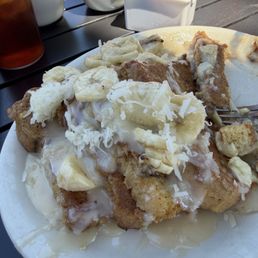 The Coconut Crème French toast with shredded coconut, bananas and a decadent coconut crème sauce- all homemade!! EXCELLENT! :-) The Coconut Crème French toast with shredded coconut, bananas and a decadent coconut crème sauce- all homemade!! EXCELLENT! :-)