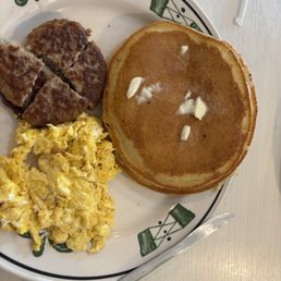 2-2-2 with scrambled eggs, pancakes and sausage patty! 2-2-2 with scrambled eggs, pancakes and sausage patty!