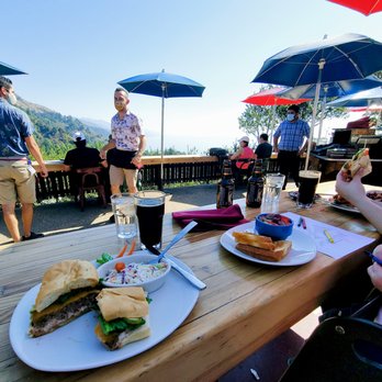 Nepenthe - "Famous Ambrosiaburger" prepared medium, grilled-cheese sandwich & fruit, and the Grilled Chicken Breast. - New American Near Me - Big Sur, California