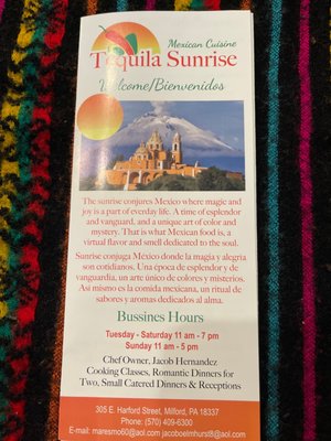 Menu photo 1 Tequila Sunrise Milford, PA Menu photo 1 Tequila Sunrise Milford, PA
