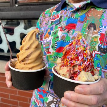 Vaca's Creamery - The "Inner Child" on the right and a swirl with peanut butter coating on the left. It's both vegan and gluten-free. - Ice Cream & Frozen Yogurt Near Me - Chicago, Illinois Vaca's Creamery - The "Inner Child" on the right and a swirl with peanut butter coating on the left. It's both vegan and gluten-free. - Ice Cream & Frozen Yogurt Near Me - Chicago, Illinois