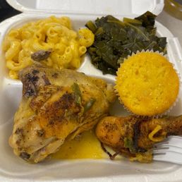 Baked chicken, macaroni, greens & corn muffin