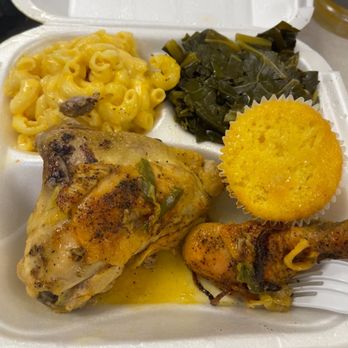 Kelly's Soul Kitchen - Baked chicken, macaroni, greens & corn muffin - Southern Near Me - Gary, Indiana
