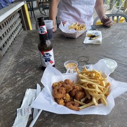 Fillin Station - That's a man oyster/shrimp basket with fries and a hit dog. PBR and Diet Coke.